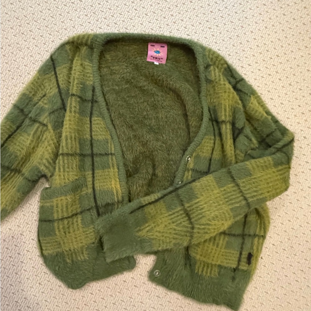 UNIF Olive Green Plaid Fuzzy Cardigan